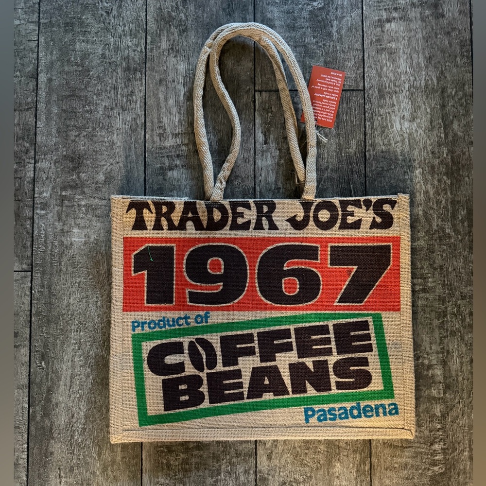 1967 Coffee Beans Jute Tote Bag - Natural with Red & Green Print